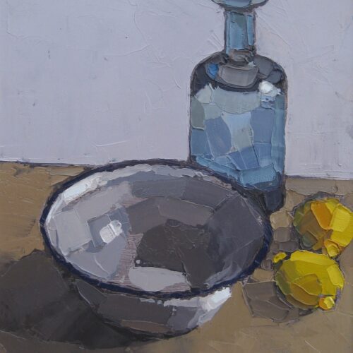 Enamel bowl, blue bottle and 2 lemons. Oil on panel. 36cmx41cm. Sold