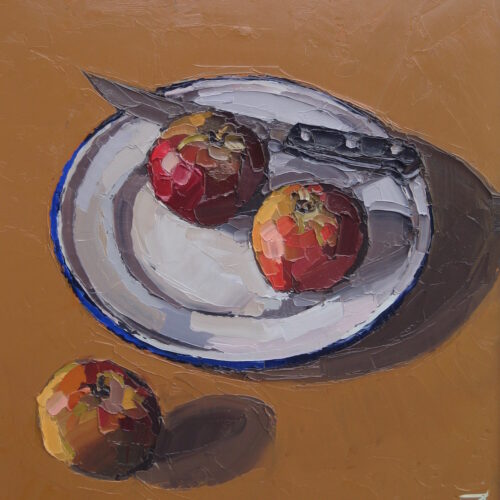 Apples and knife. Oil on panel. 41x46cm. Sold