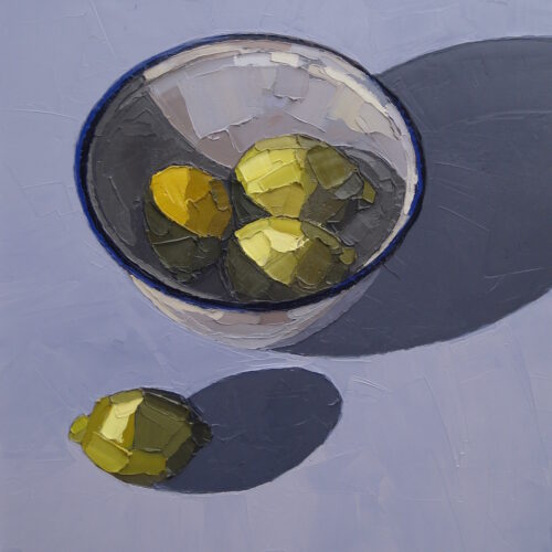 Lemons and enamel bowl. Oil on panel. 63x73cm. Sold