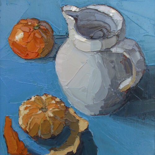 Satsumas and jug. Oil on canvas. 30x35cm.Sold