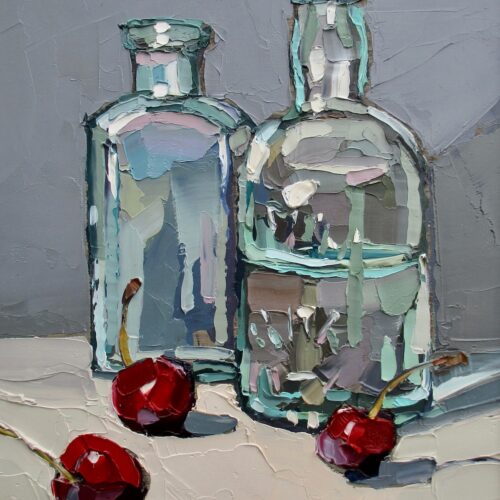Two bottles and cherries. Oil on panel. 31x36cm.