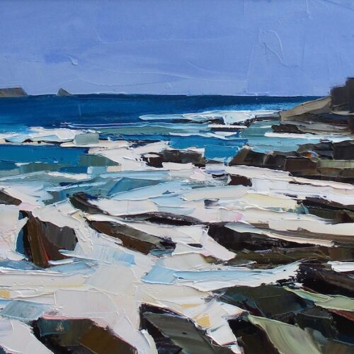 Surf on rocks, Portscatho. Oil on canvas. 91x51cm. Sold