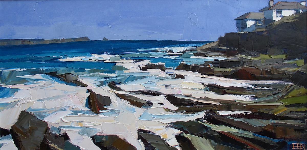 Surf on rocks, Portscatho. Oil on canvas. 91x51cm. Sold