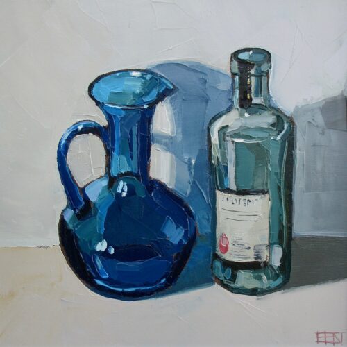 Blue jug and bottle. Oil on canvas. 41cm sq. Sold