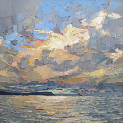 Winter sky over Gull rock. Oil on canvas. 63cm sq. Sold