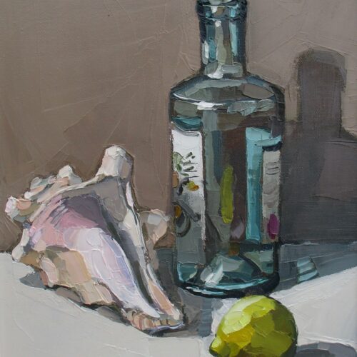 Shell, lemon, bottle. Oil on canvas. 35x41cm