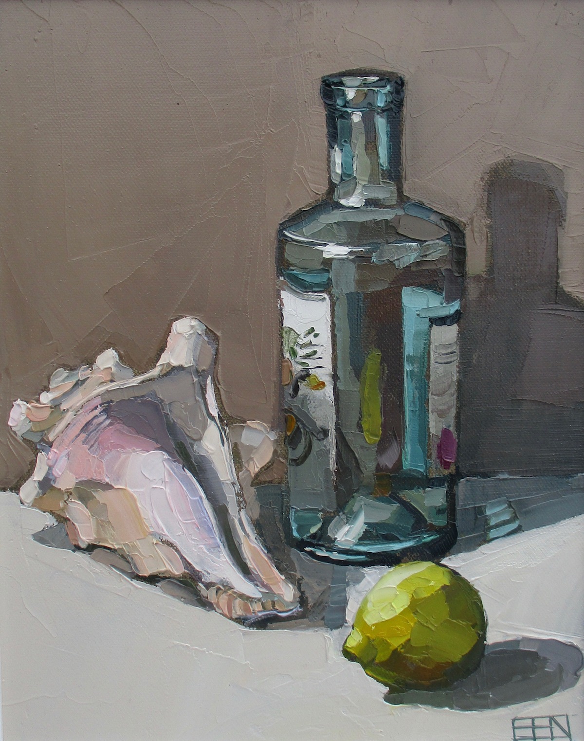 Shell, lemon, bottle. Oil on canvas. 35x41cm