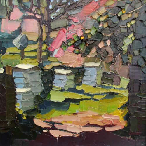 Beehives, Place. Oil on panel. 32cm sq. Sold