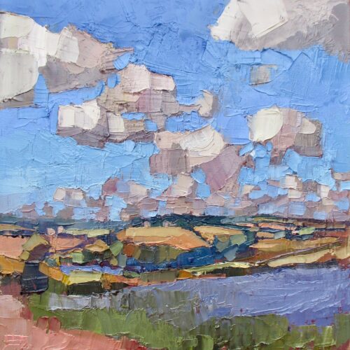 Linseed behind Treluggan. Oil on canvas. 40cm sq. Sold