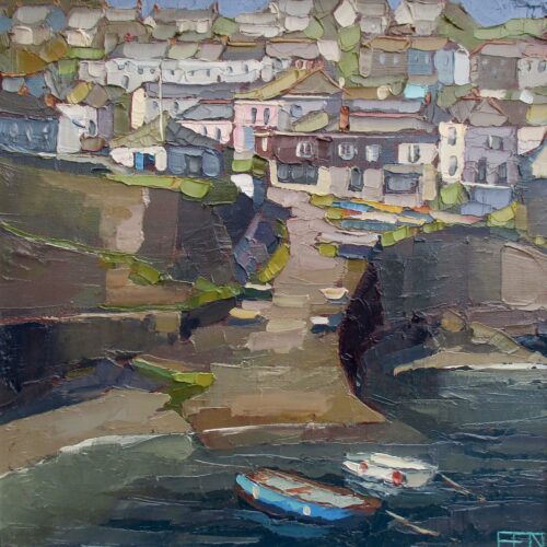 Porth, two boats. Oil on canvas. 41cm sq